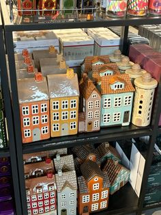 a display case filled with lots of different types of gingerbread houses and boxes on shelves