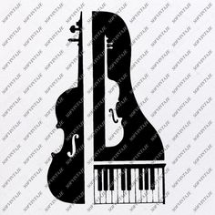 a black and white silhouette of a violin on top of a piano with music notes