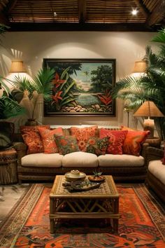 a living room filled with lots of furniture and plants on top of a rug in front of a painting