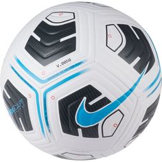 a white and blue soccer ball with the word nike written on it's side