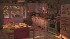 an old fashioned kitchen is shown with pink chairs and white appliances in the background,