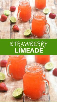 strawberry limeade in mason jars with strawberries and limes