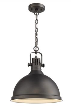 an industrial style pendant light with chain hanging from the ceiling