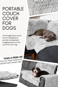 a dog laying on top of a couch covered in white fluffy blankets and text that reads, portable couch cover for dogs