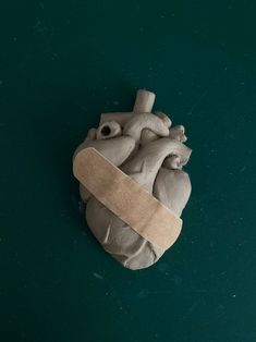 a plaster model of a human heart with a bandage around it's neck on a green surface