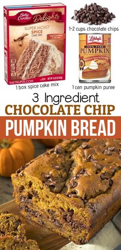 chocolate chip pumpkin bread recipe with 3 ingredients