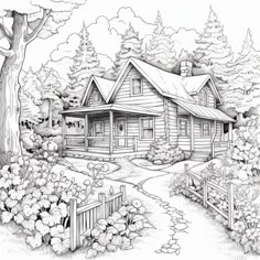 a house in the woods with trees and flowers around it, drawn by hand on paper