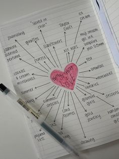 a notepad with writing and a pen on it next to a heart - shaped piece of paper