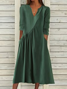 Green Casual V Neck Solid Half Sleeve Dresses - Azzlee Sukienki Maksi, Cocktail Chic, Women's A Line Dresses, Modest Summer Dresses, Dresses Aesthetic, Dress Stores Online, Half Sleeve Dresses, Summer Dress Outfits, Cute Summer Dresses