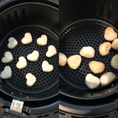 some heart shaped rocks cooking in a black grill