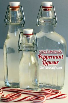 peppermint liqueur in glass bottles with candy canes