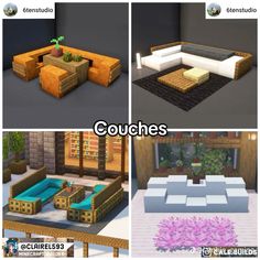 four different couches and tables with plants on them in various stages of creation, from low level to low level