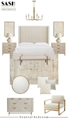 neutral bedroom mood board with white furniture and gold accents, including a chandelier