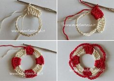 four pictures showing how to crochet the ring for a wreath ornament