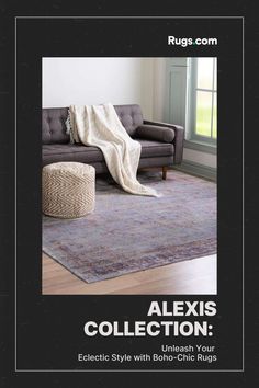 an advertisement for rugs com featuring a couch and chair with a blanket on it