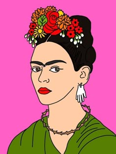 an image of fridace with flowers on her head in pink background canvas print