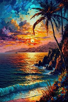 a painting of a sunset over the ocean with palm trees and mountains in the background