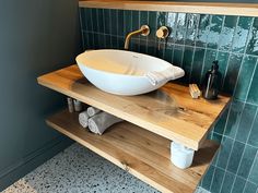 Oak Sink Shelf - Clear Lacquer Small Bowl Sink Bathroom, Wooden Bathroom Sink, Sink Tiles Bathroom, Long Sink Bathroom, Wooden Sinks Bathroom, Small Sinks For Small Bathrooms, Understairs Toilet, Toilet Ideas, Bathroom Upstairs