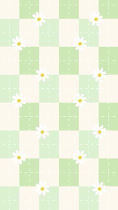 a green and white checkered wallpaper with daisies on the bottom right corner