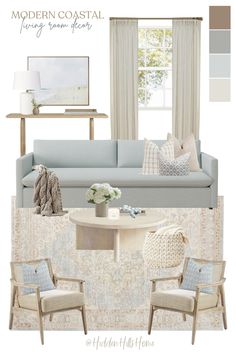 a living room filled with furniture and decor in shades of blue, grey, beige and white