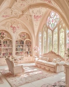 a living room filled with lots of furniture next to a large book shelf full of books