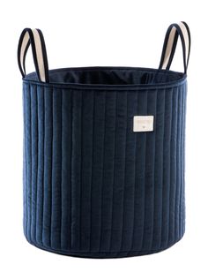 a blue storage basket with two handles