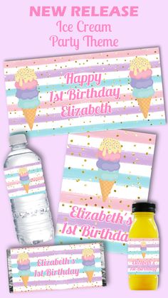 ice cream party theme with water bottle and place cards