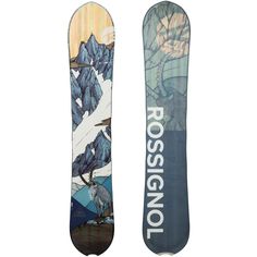 the snowboard is designed to look like it has been painted with mountains and trees