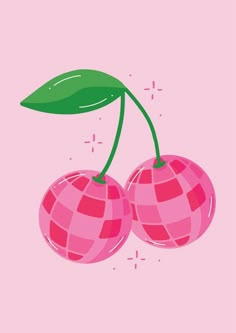 two cherries with green leaves on pink background