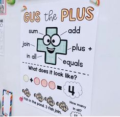 a bulletin board with the words gus the plus on it and an image of a cross