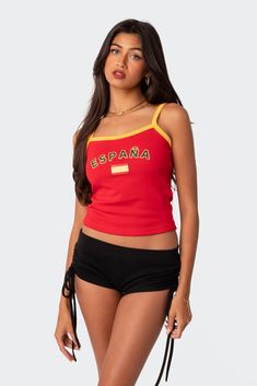 PRODUCT INFO Tank top Adjustable contrast straps Printed graphic Cotton, Polyester Model wears size S Model height is 5'6 Item care: Wash with similar color Red Tank Top Outfit, Spain Outfit Ideas, Visionary Fashion, Swimwear Dress, Potato Chips, Knit Fashion, Fashion Tops, S Models, Model Height