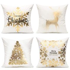 PRICES MAY VARY. Polyester Great Christmas Decorations: Gold White Christmas Snowflakes,Gold Xmas Deer,Gold Christmas Tree Decorations inside New Year Home and Party Ornaments Material: Soft Velvet Short Plush ,Package included:4 pillow cases.Only one side pattern Size:45x45cm(18x18inches) The print on the pillow case is very clear and vivid.The colors are very bold and vibrant.It's a must have to decorate any room.Printed with a special design,the case is sure to add vigour,warmth,texture and d White Christmas Snowflakes, Gold Christmas Tree Decorations, Gold Christmas Decorations, White Throw Pillows, Christmas Pillowcases, Snowflake Decorations, Christmas Pillows, Throw Pillows Christmas, 20x20 Pillow Covers