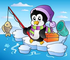 penguin fishing on an ice floet with fish in the water and wearing a purple hat