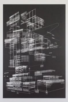 a black and white drawing with lots of lines on the bottom half of each building