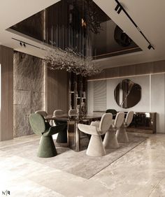 an elegant dining room with marble flooring and chandelier hanging from the ceiling