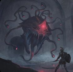 an alien attacking a knight in a dark cave with red lights on his eyes and head