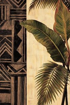 a painting of a palm tree in front of a wall with geometric designs on it