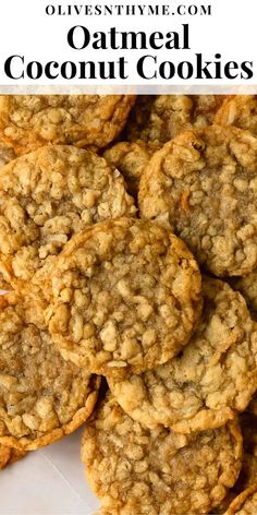 oatmeal coconut cookies stacked on top of each other with text overlay