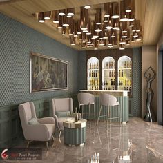 a room with chairs, tables and wine bottles on the wall in it's center