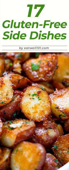 potatoes in a white bowl with text overlay that reads, 24 quick and easy potluck sides