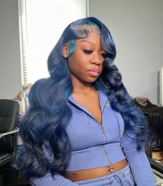 @thereallacegoat Blue And Black Lace Front Wig, Dark Blue Lace Front Wig, Dark Blue Wigs For Black Women, Blue Birthday Outfits, Blue Wigs For Black Women, Colored Human Hair Wigs, Blue Lace Front Wig