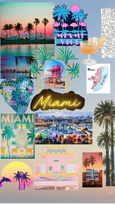 a collage of photos with palm trees, buildings and the word miami on it