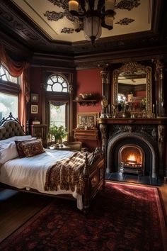 a bedroom with a bed, mirror and fireplace in the corner next to a window