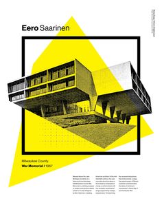 the cover of an architectural magazine with yellow and black geometric shapes, including two buildings