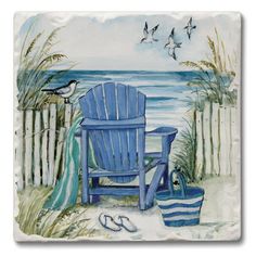 a painting of a beach scene with a blue chair and flip flops