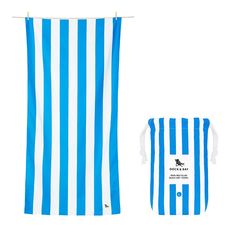 a blue and white striped towel next to a bag