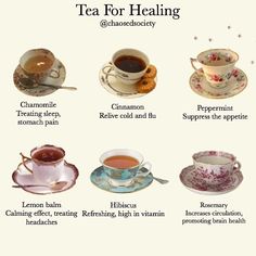 tea for healing with different types of cups and saucers