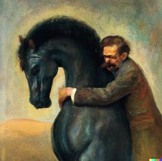 a painting of a man hugging a black horse with his arm around the back of it