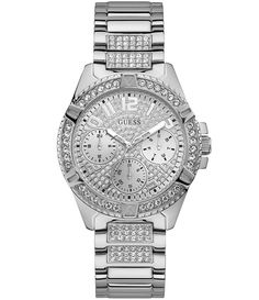 From Guess, the Women's Rhinestone Silver-Tone Multifunction Watch features: Silver-tone stainless steel braceletSilver-tone stainless steel caseEmbellished with crystalsSilver glitz dialLink closureMultifunction movementCase size approx. 40mmWater-resistant up to 5 ATM Imported. Army Watches, Anna Nicole Smith, Guess Watch, Gold Armband, Skagen, Women's Watch, Bling Bling, Michael Kors Watch, Silver Watch