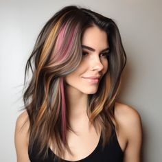 65 Stunning Brown Hair with Highlights Ideas for 2023 Multi Color Brown Hair, Hidden Rainbow Hair Brown, Rainbow Highlights Hair Brown, Hidden Highlights Hair, Rainbow Underlights, Hair Highlight Trends, Colorful Highlights In Brown Hair, Hidden Rainbow Hair, Haircolor Ideas